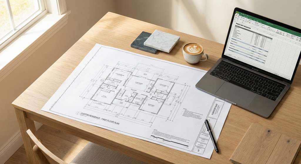 Custom home budget planning with floor plan blueprints and material samples on desk