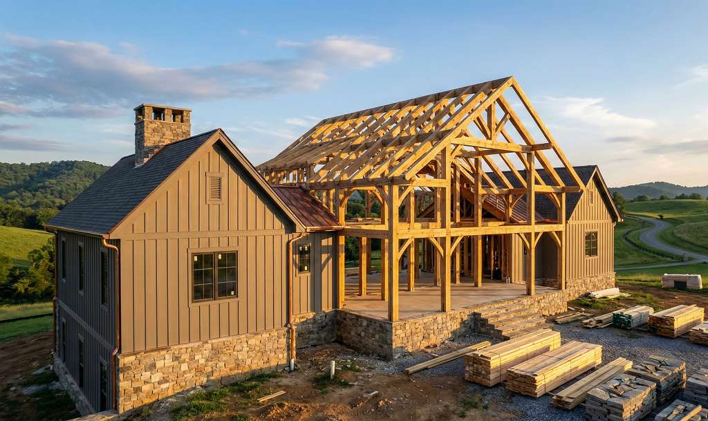 Custom home under construction in Tennessee with stone foundation and board-and-batten siding against rolling hills