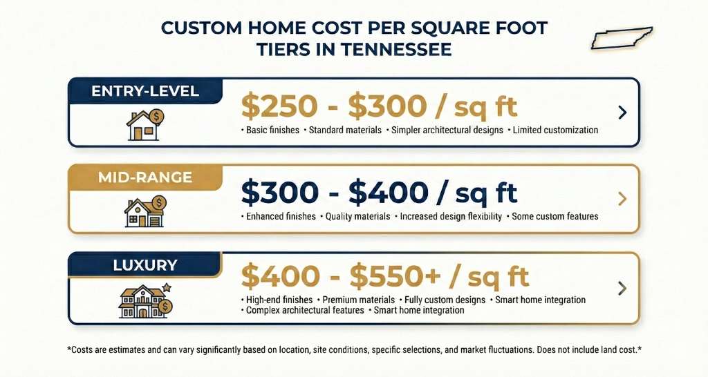 Custom home cost per square foot breakdown showing three pricing tiers for Tennessee new construction