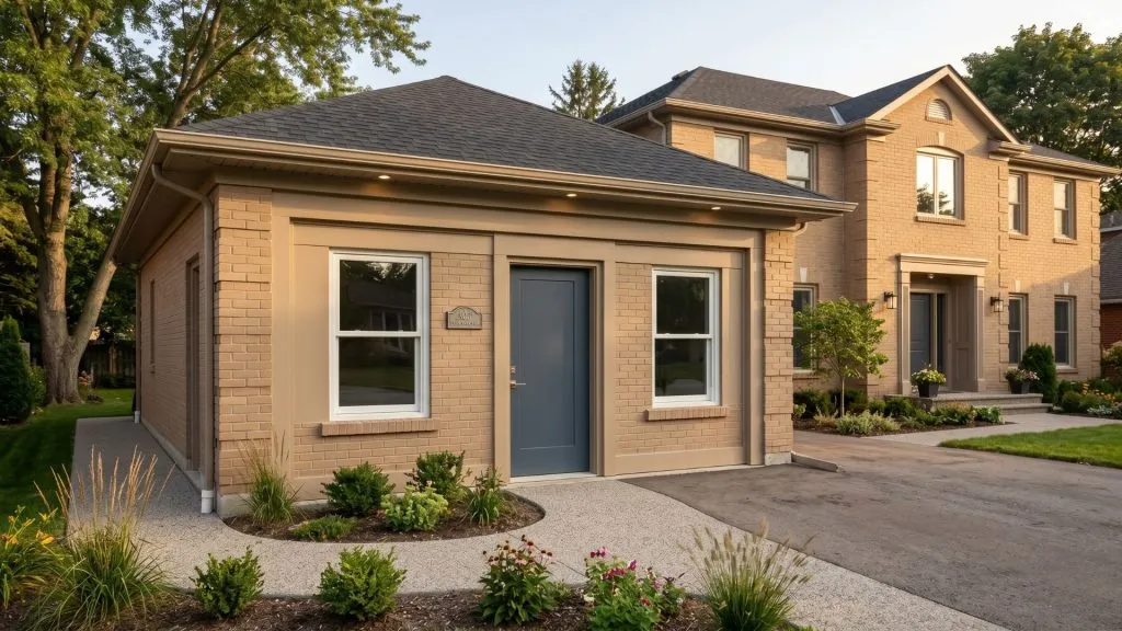 Garage conversion into mother-in-law suite showing new private entrance door, window, and matching exterior siding