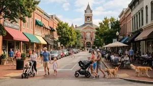 Families walking through historic downtown Franklin Tennessee square on weekend