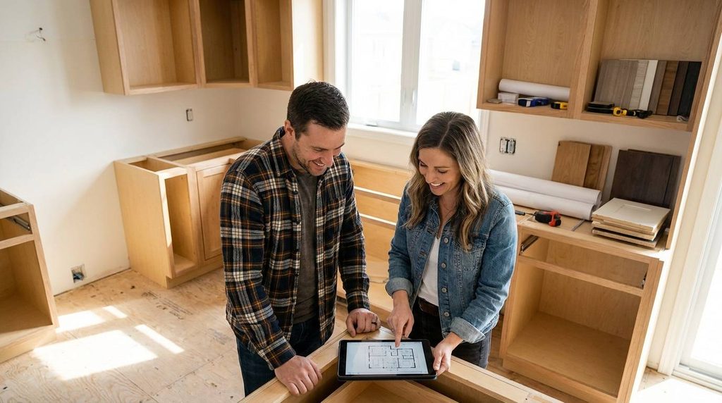 Homeowner and designer reviewing kitchen remodel progress in Franklin TN home