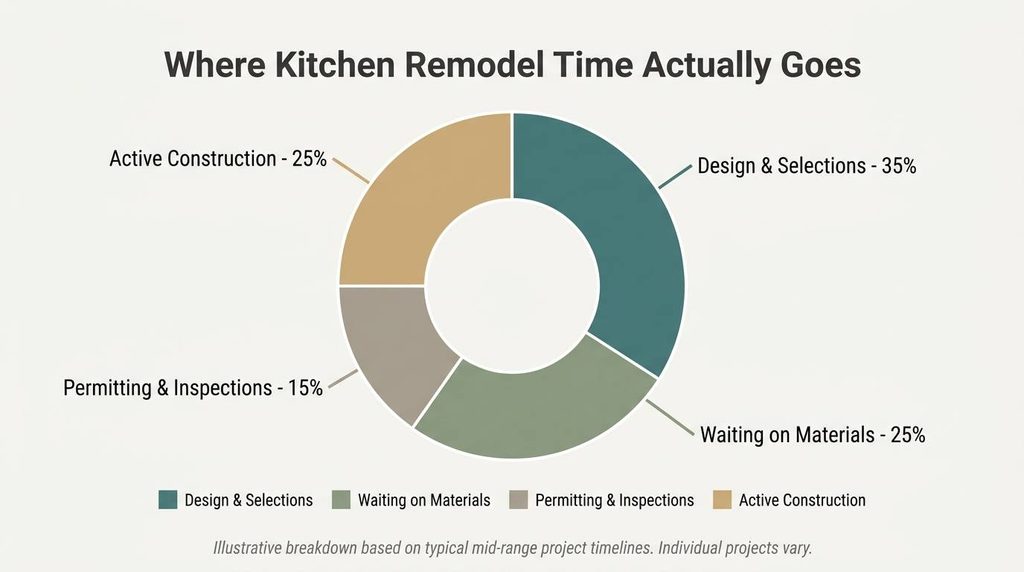 Chart showing where kitchen remodel project time goes across four phases